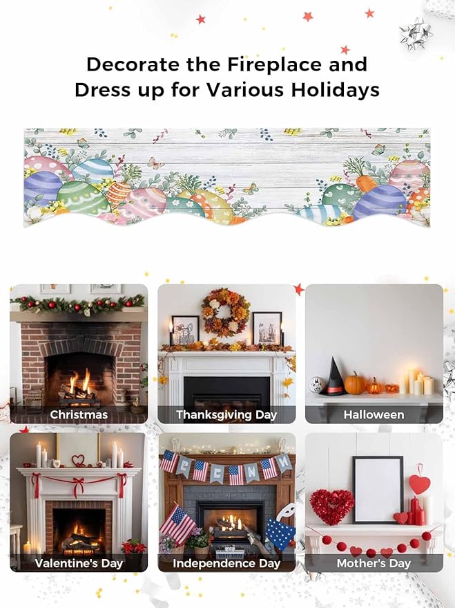 Easter Eggs Fireplace Mantel Scarf Table Runner, Spring Flowers Eucalyptus Leaves Wooden Grain Winter Garland Mantel Top Tablerunners Dresser Scarves Cover for Windows Party Living Room 70''x17''
