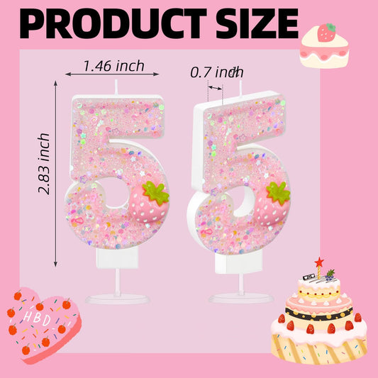 HXOUSE Strawberry Number 5 Birthday Candles - Pink Berry Birthday Candles for Cake, 5 Candle Topper for Anniversary Celebrations Supplies, Strawberry Party Decorations for Girl (No.5)