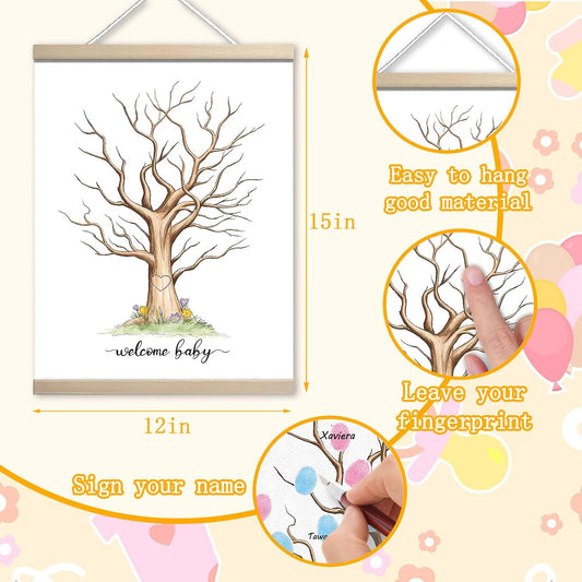 Gender Reveal Fingerprint Tree Canvas Guest Books, Gender Reveal Party Decorations Gifts Ideas, Baby Shower Party Gender Reveal Games for Guests(12x15in)