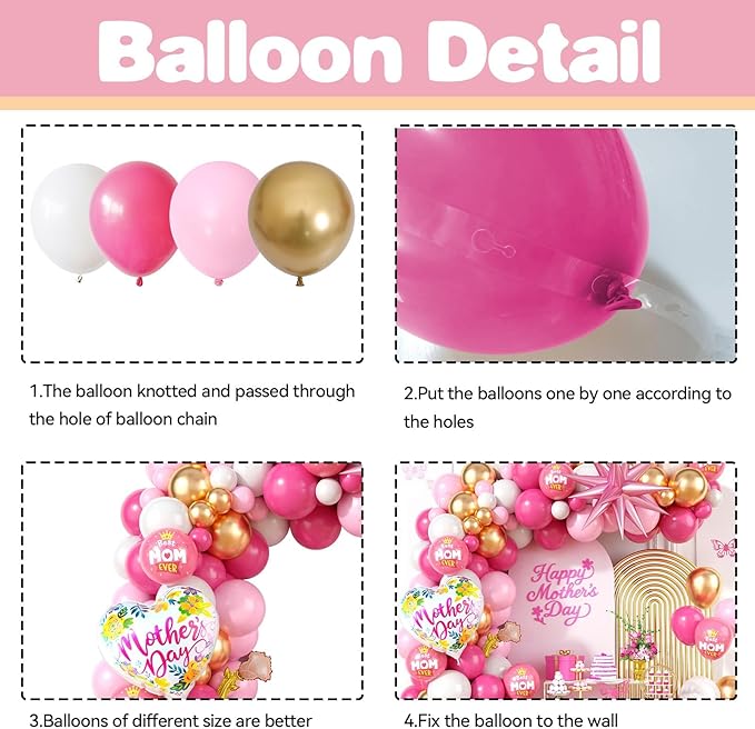 Mother's Day Balloon Arch, Hot Pink metallic Gold Balloon Garland Kit with Large Mon Printed Foil Balloons, Pink Mother Star Foil Balloons for Mom's Day Party Decorations