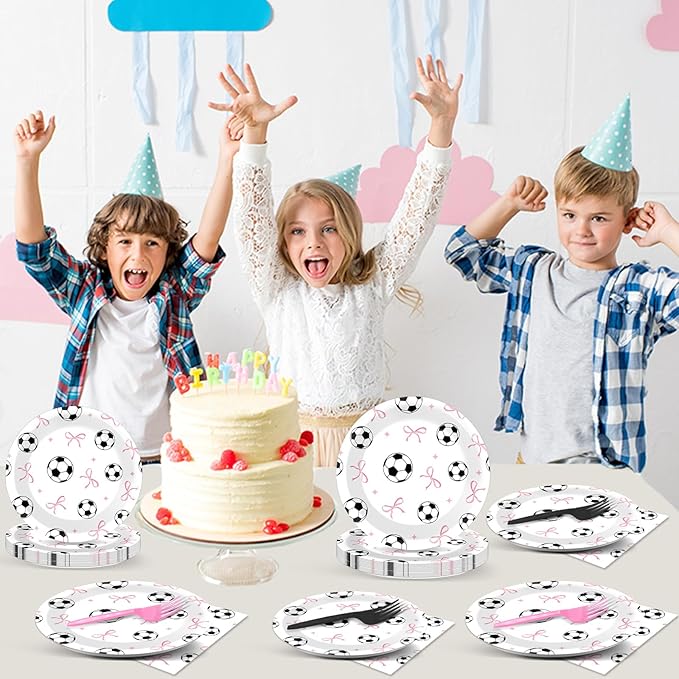 96PCS Soccer and Bow Party Paper Plates and Napkins for Sports Themed Party Dessert Cake Plates Disposable Decor Pink Bow Soccer Birthday Parties Set for Boys Girls Birthday Gatherings Decorations