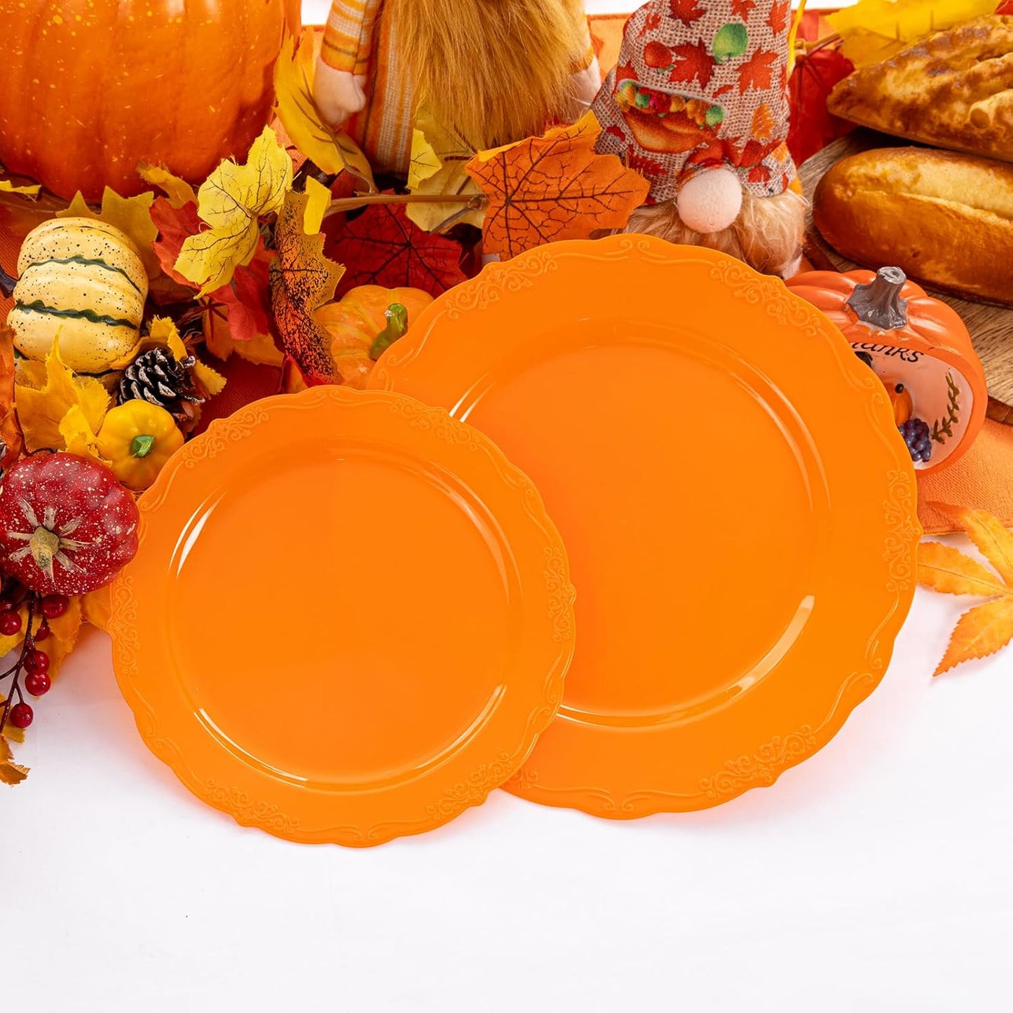 U-QE 60 Pieces Thanksgiving Plates - Thanksgiving Plastic Plates Disposable - Orange Plastic Plate for Party Including 30 Dinner 10.25 '' & 30 Dessert Plate 7.5 ''