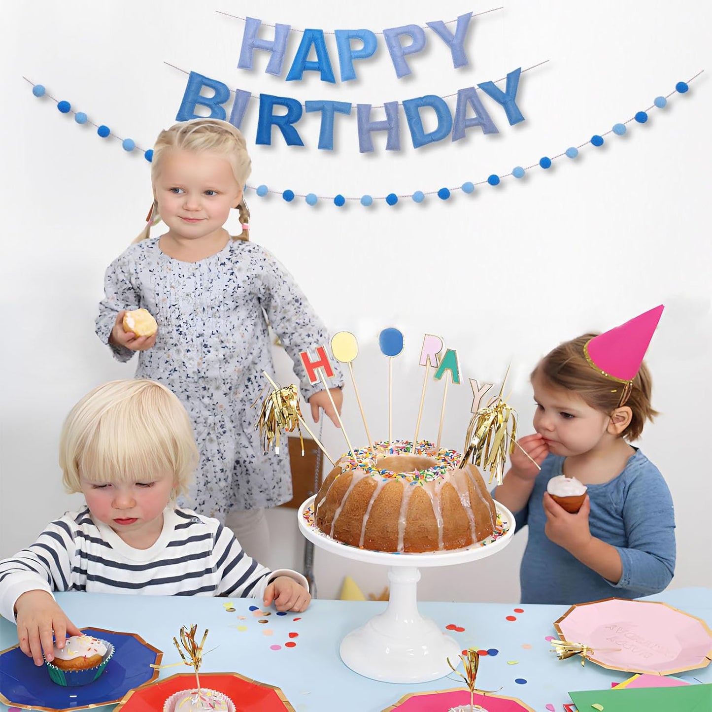 Blue Happy Birthday Banner Felt Ball Garland Pre-Strung Happy Birthday Sign for Party Backdrop Decorations Photo Prop