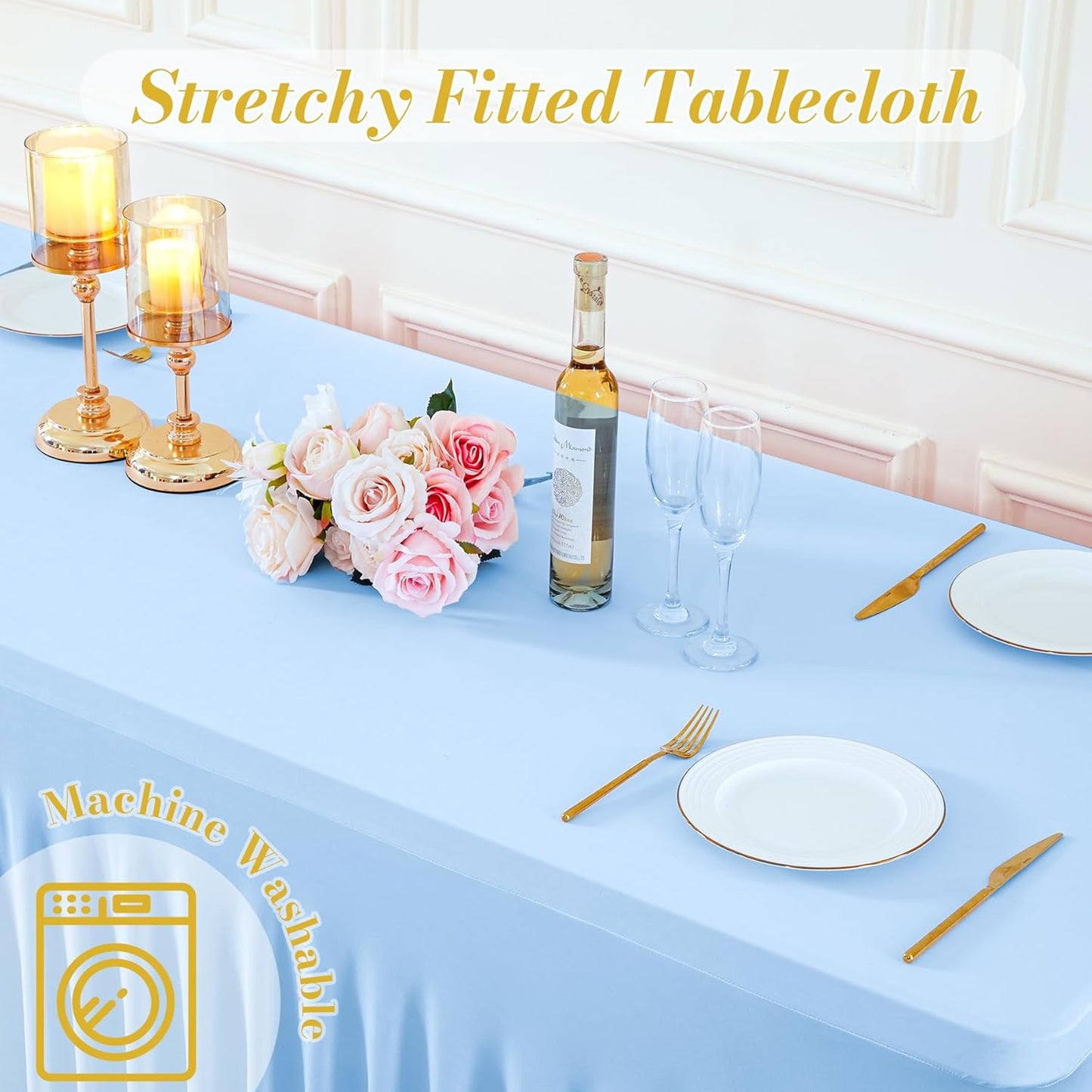 6 Pack Spandex Baby Blue Fitted Table Cloth for 8ft Rectangle Tables Baby Blue Stretch Tablecloth Table Covers Banquet Table Clothes Wrinkle Free Table Skirt for Parties Wedding