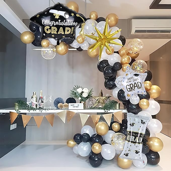 Graduation Balloon Arch Garland Kit 2026, Black Gold Confetti White Graduation Decorations with Foil Grad Cap Diploma Star Balloons for Congrats Class of 2026 Graduates Celebrations Party Decorations