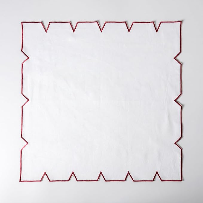 FINGERCRAFT Cloth Napkins, Everyday Use Scallop Embroidery Design, Premium Quality Natural Cotton Napkin Set of 6 Perfect for Parties Dinners Weddings Easter Napkin Cloth 20x20 inch White/Maroon