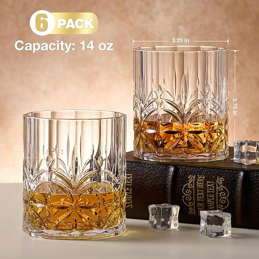 Unbreakable Plastic Whiskey Glasses Set of 6, 14 Oz Old Fashioned Glasses for Scotch Cocktail Rum Bourbon Vodka Liquor, Unique Gifts for Men, Reusable, Clear, BPA-free, Dishwasher Safe