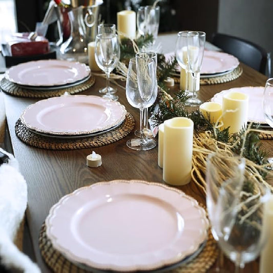 Pink Round Charger Plates,13 Inch Metallic Chargers for Dinner Plates, Gold Bead Rim Plastic Chargers For Dining, Wedding, Party, Shower. 6 Pack Decorative Holiday Tabletop Decor