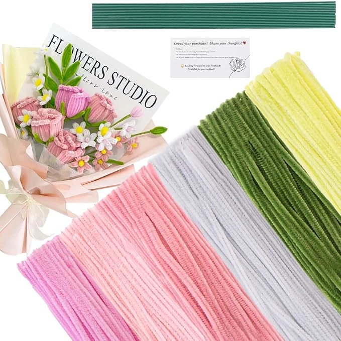 AHAMETON 620-Piece Pink Pipe Cleaner Complete Craft Kit - Enhanced Set with Flower Stems, Tape Rolls, Ribbon & Greeting Card for DIY Wedding Bouquets, Gift Projects