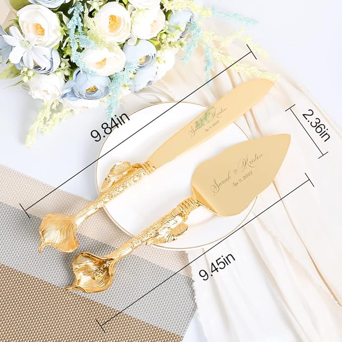 TUKDAK Cake Cutting Set for Wedding, Personalized Gold Cake Knife and Server Set, Custom Cake Serving Set, Engraved Pastry Pie Server Cake Pizza Cutter, Birthday Bridal Gift (CUS-Rustic)
