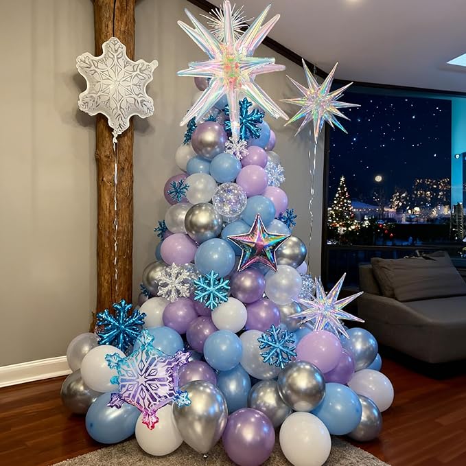 Purple Blue Balloon Garland 135pcs, Pearl Light Purple Blue White Silver Snowflake Balloon Arch with Foil Snow Iridescent Star Balloons for Winter Wonderland Baby Shower Birthday Christmas Party Decor
