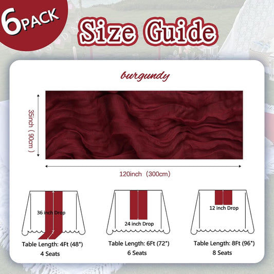 6 Pack Burgundy Cheesecloth Fall Table Runner 10ft Boho Gauze Fabric Cheese Cloth Table Runner 35 x 120 Inch Rustic Sheer Runner for Thanksgiving Wedding Decor Baby Shower Party Centerpiece Decoration