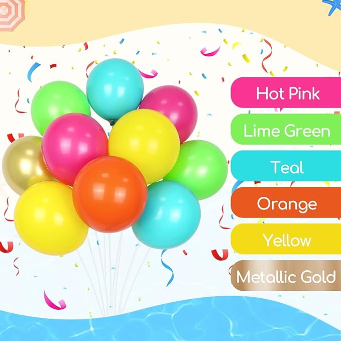 60pcs 12inch Tropical Balloons, Hot Pink Lime Green Teal Orange Yellow Metallic Gold Balloons for Luau Tropical Hawaiian Baby Shower Themed Birthday Party Decorations