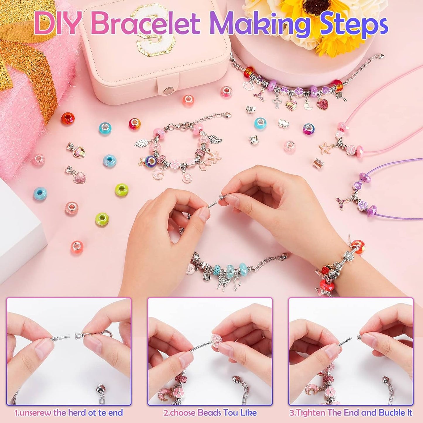 Billbotk Charm Bracelet Making Kit with Bracelet Organizer Box Beads Mermaid Pendants for Jewelry Making DIY Craft Kit for Birthday Gifts Valentine Christmas