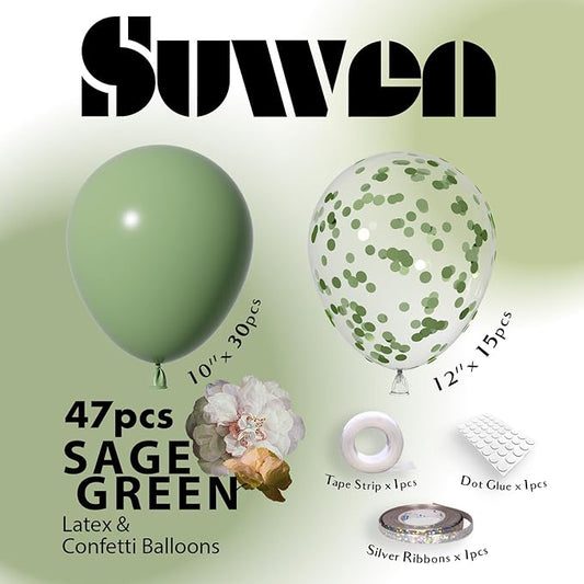 SUWEN Sage Green Balloons and Confetti Balloons Set 47PCS Latex Helium Olive Green Balloon for Birthday Anniversary Party Decorations