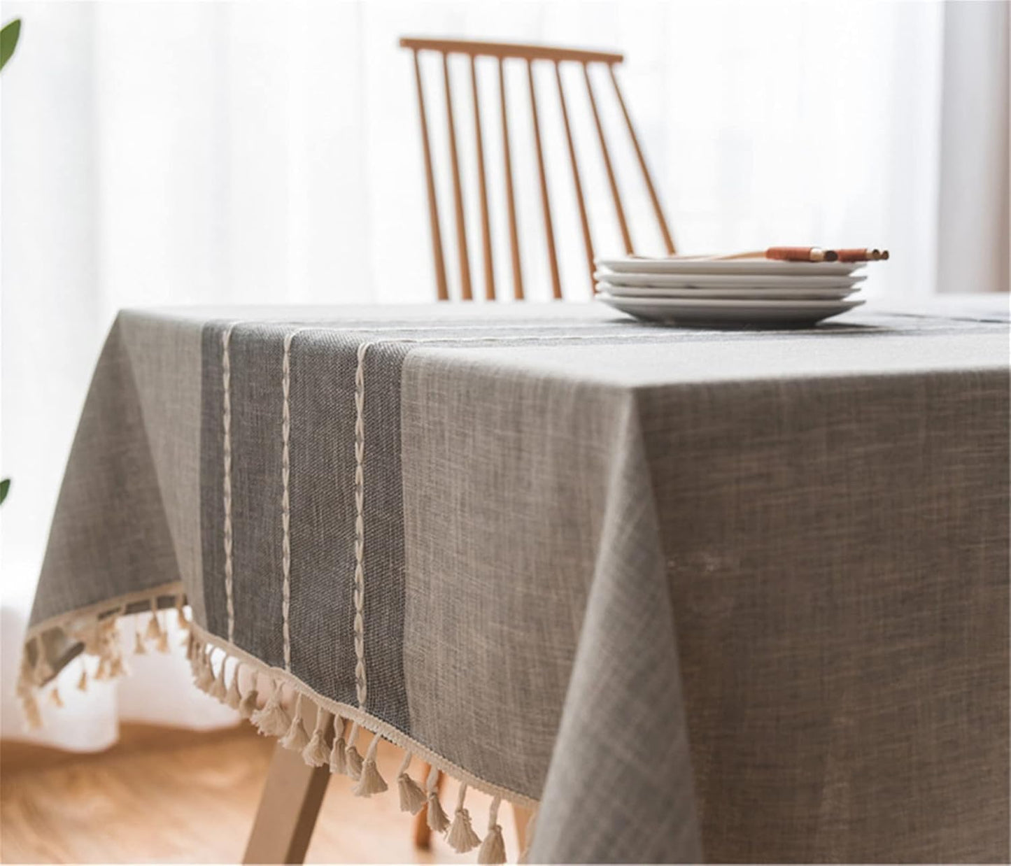 Cotton Linen Tablecloth, Tassel Stitching Table Cloth, Wrinkle Free Farmhouse Table Cover for Kitchen Dining, Party, Holiday (Rectangle, 55''x120'', 10-12 Seats, Gray)