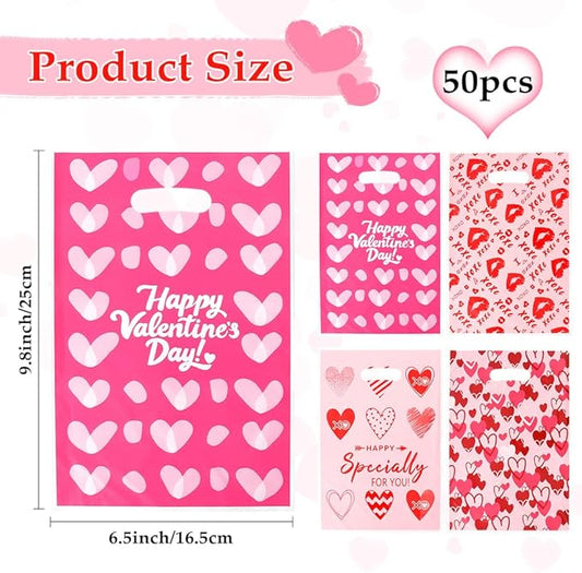 Valentines Treat Bags, 50 PCS Valentines Gift Bags with Handles, 7x10 Inch Plastic Happy Valentine's Day Goodie Cookie Candy Bag for Valentine's Day Wedding Anniversary Engagement Party Favor Supplies