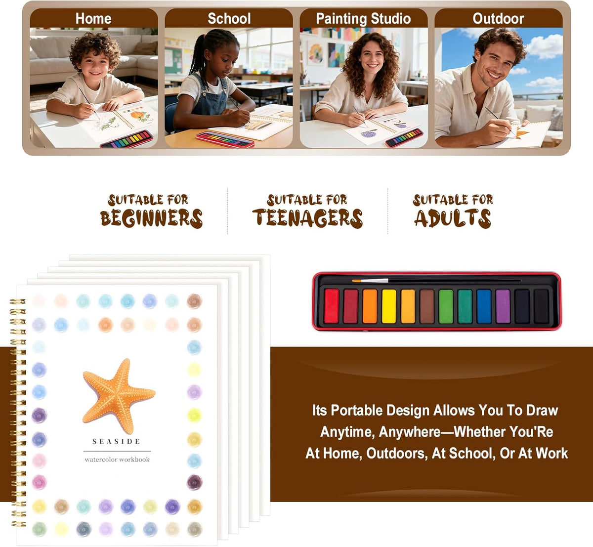 Kivzex Watercolor Workbook for Adults, Beginner Friendly Watercolor Painting Kit Seaside Water Coloring Book, Nature-Themed Practice Art Gift Water Color Paint Book with Palette and Brush