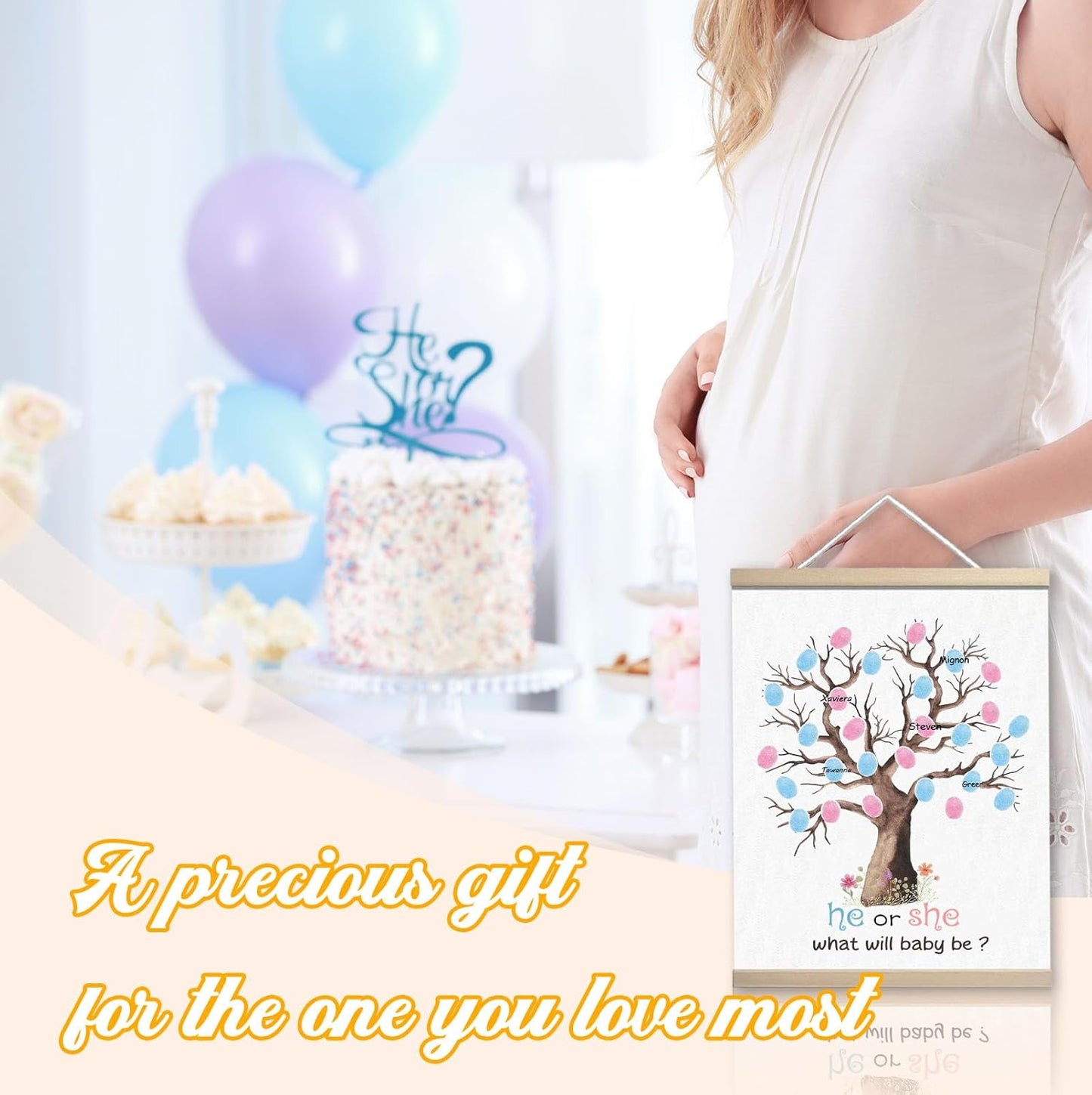 Baby Gender Reveal Decorations, Gender Reveal Fingerprint Leaves Tree, He or She Keepsake, Thumbprint Hanging Paintings(12x15in)
