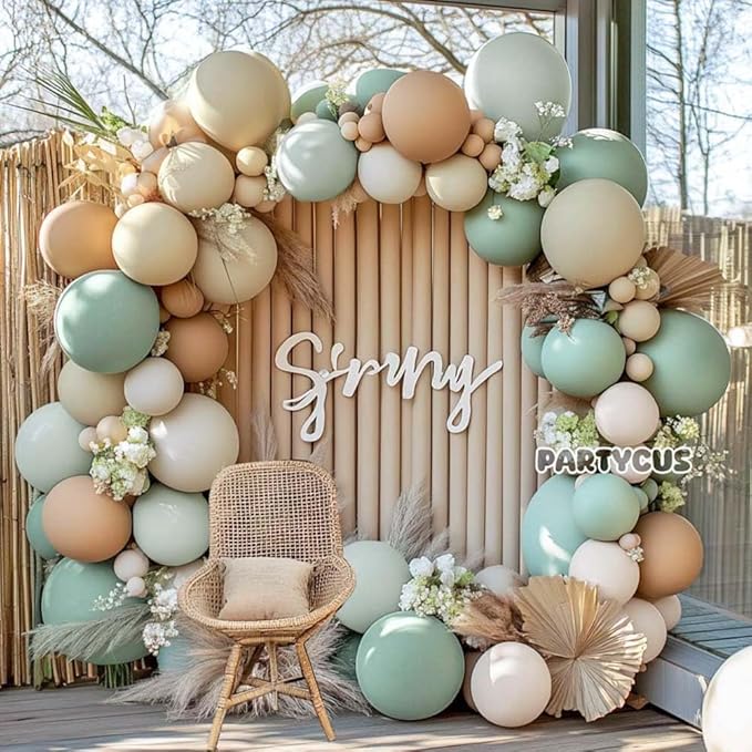 Dusty Green Tan Balloon Arch Kit Double Stuffed, Light Sage Green White Sand Brown Apricot Pastel Neutral Balloon Garland for Boho Baby Shower Birthday Wedding Woodland Wild One Gender Reveal Party