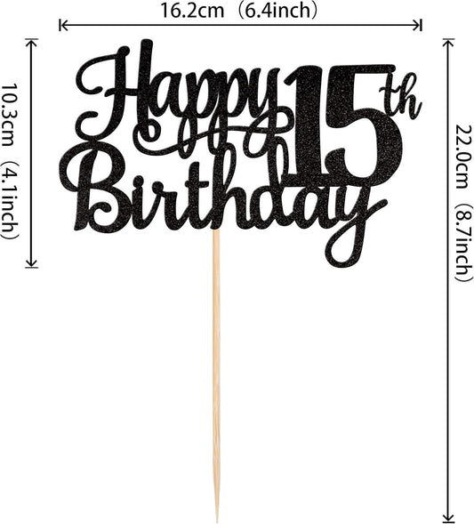 1 PCS Happy 15th Birthday Cake Topper Glitter Cheers to 15 Years Birthday Cake Pick Mis Quince 15 Fabulous Cake Decoration for Happy 15th Birthday Theme Party Decorations Supplies Black