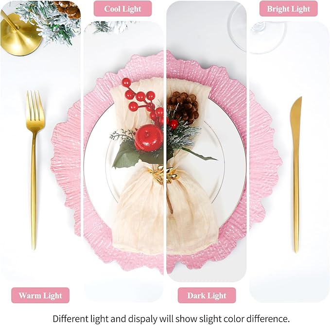 24 Pack Pink Charger Plates Bulk, 13" Plastic Reef Chargers for Dinner Plates, Round Charger Plate with Floral Reef Design for Dinner Wedding Party Table Setting Decoration