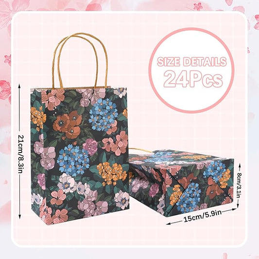 JarThenaAMCS Floral Kraft Paper Gift Bags Vintage Botanic Candy Goodie Treat Bags with Handles Reusable Grocery Bag for Spring Summer Mother's Day Birthday Wedding Party Favors Supplies