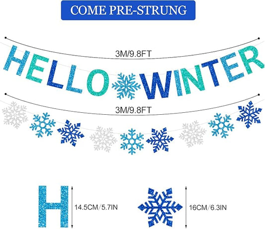 Glittery Hello Winter Banner White Blue Snowflake Banner Winter Wonderland Baby Shower Decorations Christmas Winter Holiday Party Decorations