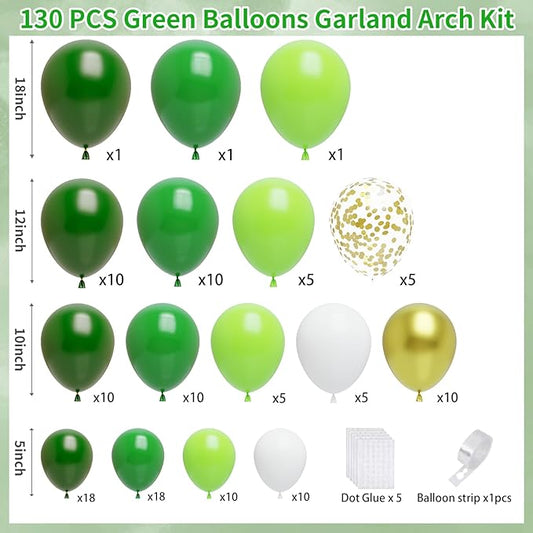 Light Green Balloons Arch Kit,130Pcs Dark Green and Gold Balloons,Different Sizes White and Gold Latex Balloon for Jungle Forest Themed Birthday St. Patrick's Day Party Decorations