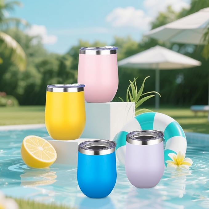 12oz/4 Pack Wine Tumbler Glasses with Lid Stemless Double Wall Vacuum Stainless Steel Travel Tumbler Keeping Cold & Hot for Wine,Coffee,Cocktails,Christmas Drinks-Family and Gifts(Multi color-7)
