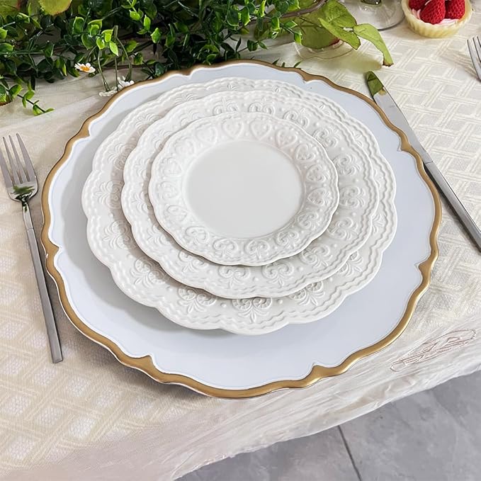 White Scalloped Charger Plates with Gold Rim, 13" Plastic Decoration Charger for Dinner Plates, Wedding, Tabletop Decor(Set of 6)