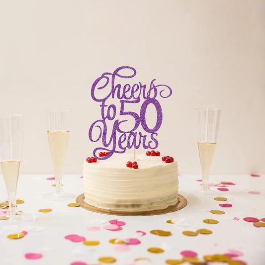 Cheers to 50 Years Cake Topper - Deep Purple Glitter 50th Birthday Cake Decorating Supplies, Perfect for 50th Anniversary or Fifty Birthday Party, Photo Booth Props