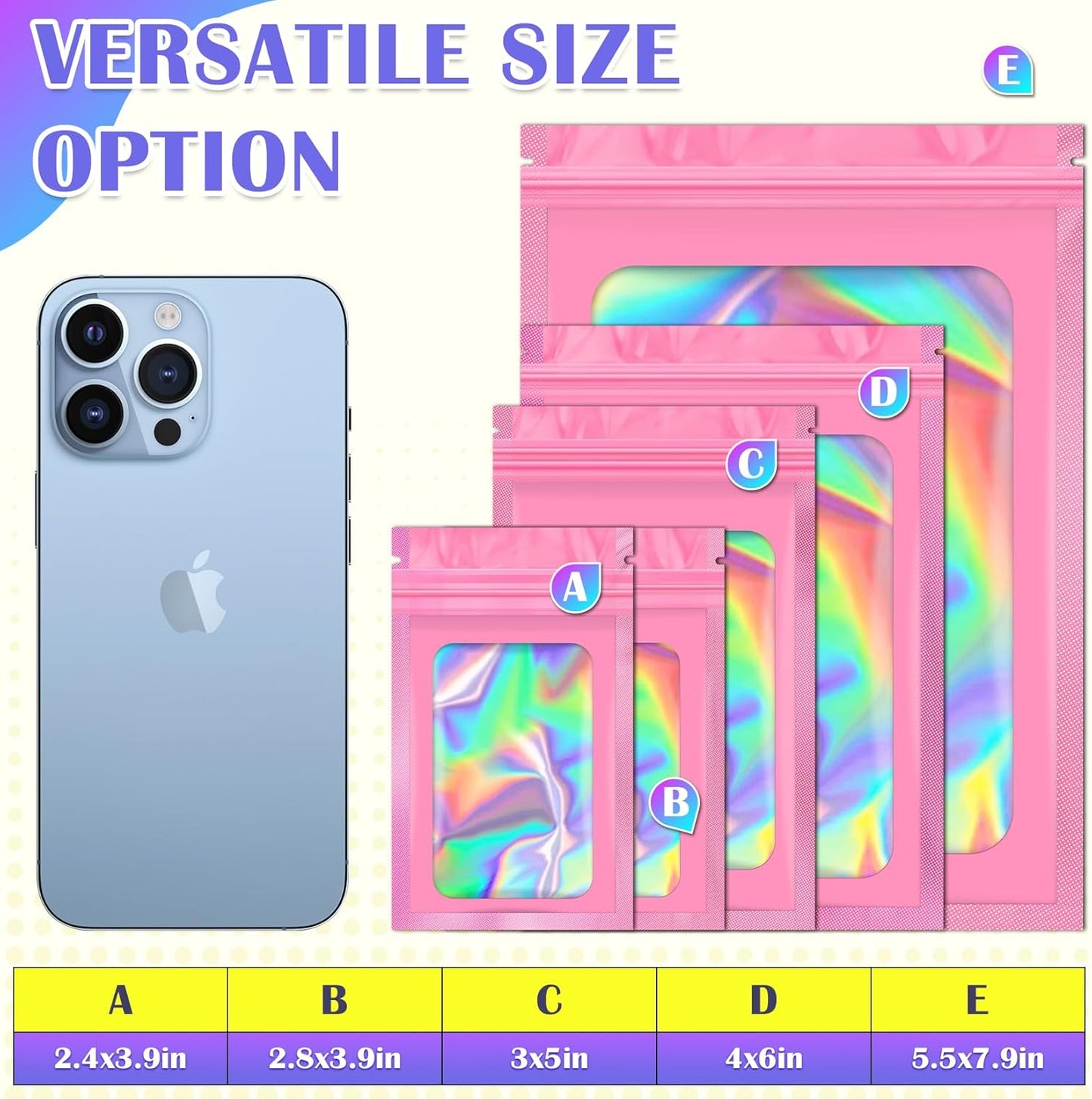 100 PCS Mylar Bags, Pink Holographic Bags, Smell Proof Bag, Sealable Bag for Packaging, Foil Pouch Bag for Food Storage, Bracelets, Jewelry(2.8x3.9in)