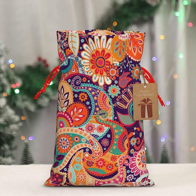 Jhggffd Boho Floral Colorful Bohemian Flower Christmas Gift Bags Christmas Treat Bags Cloth Christmas Gift Bag Drawstring Christmas Bags for Gifts Favor Bags Reusable Xmas Gift Bags for Holiday Party