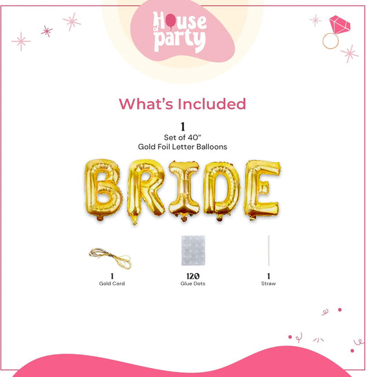 HOUSE OF PARTY Bride Balloon - 40'' Foil Balloons for Wedding Bridal Shower Engagement Party Decor - Bachelorette Party Supplies for Bride-to-Be! - Gold