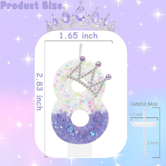 Number 8 Birthday Candle for Cake, Pink White Glitter Crown Cake Topper, Princess Birthday Party Decorations for Girls and Women Anniversary Celebrations Party Favors