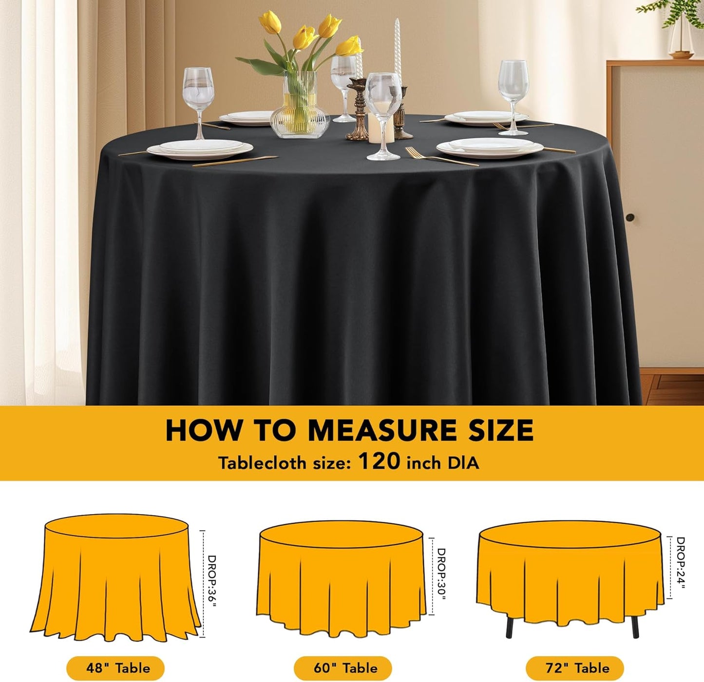 6-Pack Black Round Tablecloths, 120 Inches, Stain-Resistant Polyester for 5-6 Ft Round Tables - Washable Table Covers for Weddings, Banquets, Birthday Parties, Events