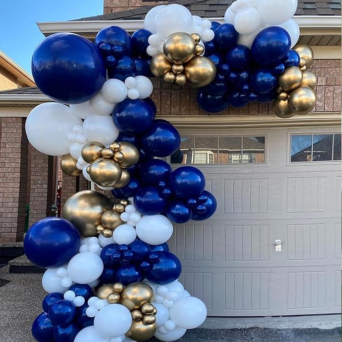 Blue and Gold Balloons Arch Garland Kit, 134pcs Navy Blue Gold White Balloons with Different Size for Graduation, Birthday, Anniversary Party Decorations