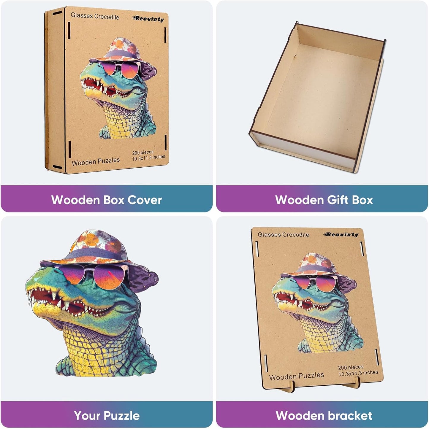 Reouinty Wooden Puzzles for Adults, Glasses Crocodile Jigsaw Puzzles 200 Pieces Animal Unique Shaped Wood Cut Puzzle Gifts for Adults and Kids, Family Puzzle Games