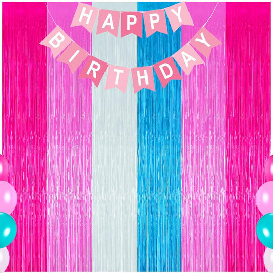 Pink and Teal Birthday Decorations, 3 Pack Pink Streamers and Teal Fringe Backdrop, Photo Booth Props Room Doorway Deco for Boys and Girls Party Supplies
