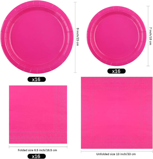 Ruisita 48 Pieces Hot Pink Party Supplies Solid Hot Pink Tableware Including 7 Inch and 9 Inch Paper Dinner Plates 2 Ply Napkins for Wedding, Birthday Party, Picnic, Barbecue (Serves 16)