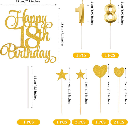 18th Birthday Cake Decorations, 18th Birthday Candles Cake Numeral Candles and Glitter Happy 18th Birthday Cake Toppers Set for Birthday Party Supplies (Gold)