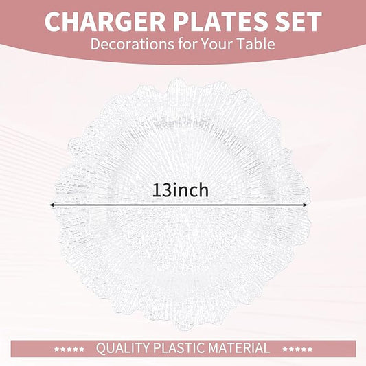 50 Pcs White Charger Plates Bulk 13 Inch Plastic Charger Plates for Dinner Plate, White Chargers for Table Setting, Reef Design Plate Floral Decorative Round Chargers for Wedding Party, Event