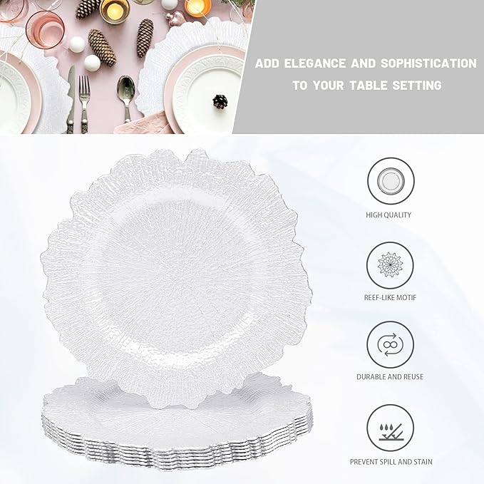 MAONAME 13" White Charger Plates Set of 8, Round Reef Chargers for Dinner Plates, Plastic Plate Chargers for Table Setting, Wedding Decor