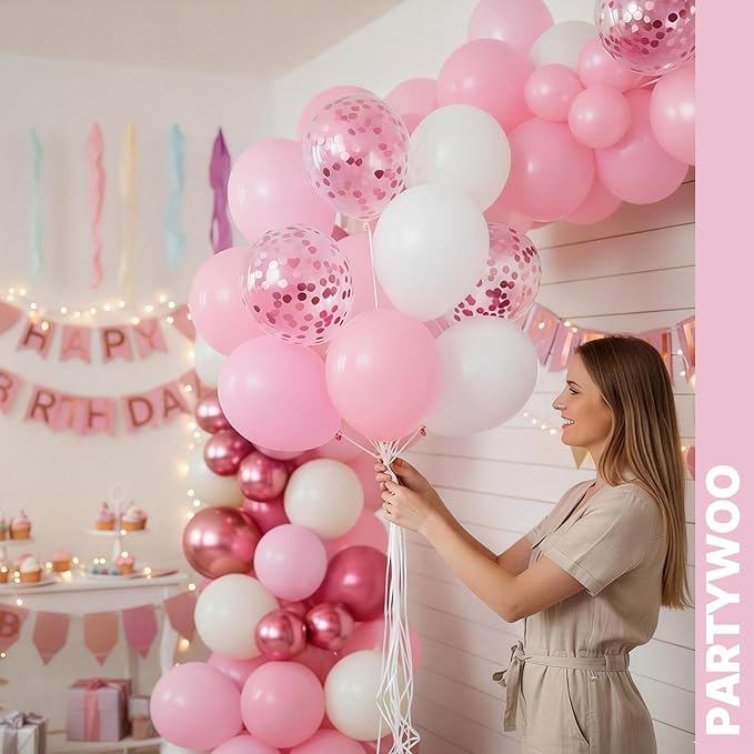 PartyWoo Pink and White Balloons 65pcs 12 Inch Light Pastel Baby Metallic Pearl Pink Matte White Confetti Balloons for Gender Reveal Wedding Bridal Girl Baby Shower Princess Birthday Party Decorations