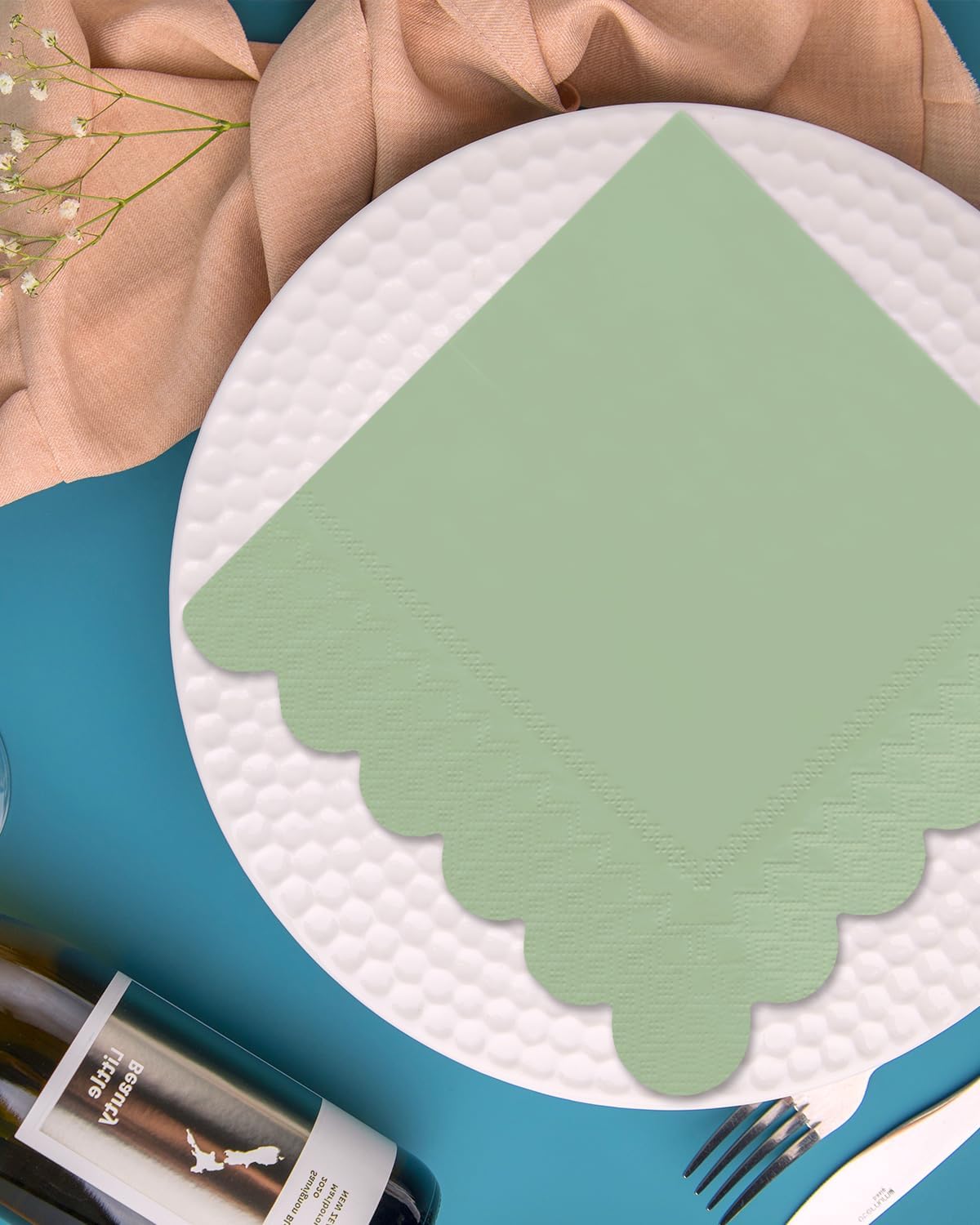qiqee Reed Green Cocktail Dinner Napkins 5x5inch Disposable Beverage,Wedding, Birthday Party Dessert Wave Paper Napkins(120 Count)
