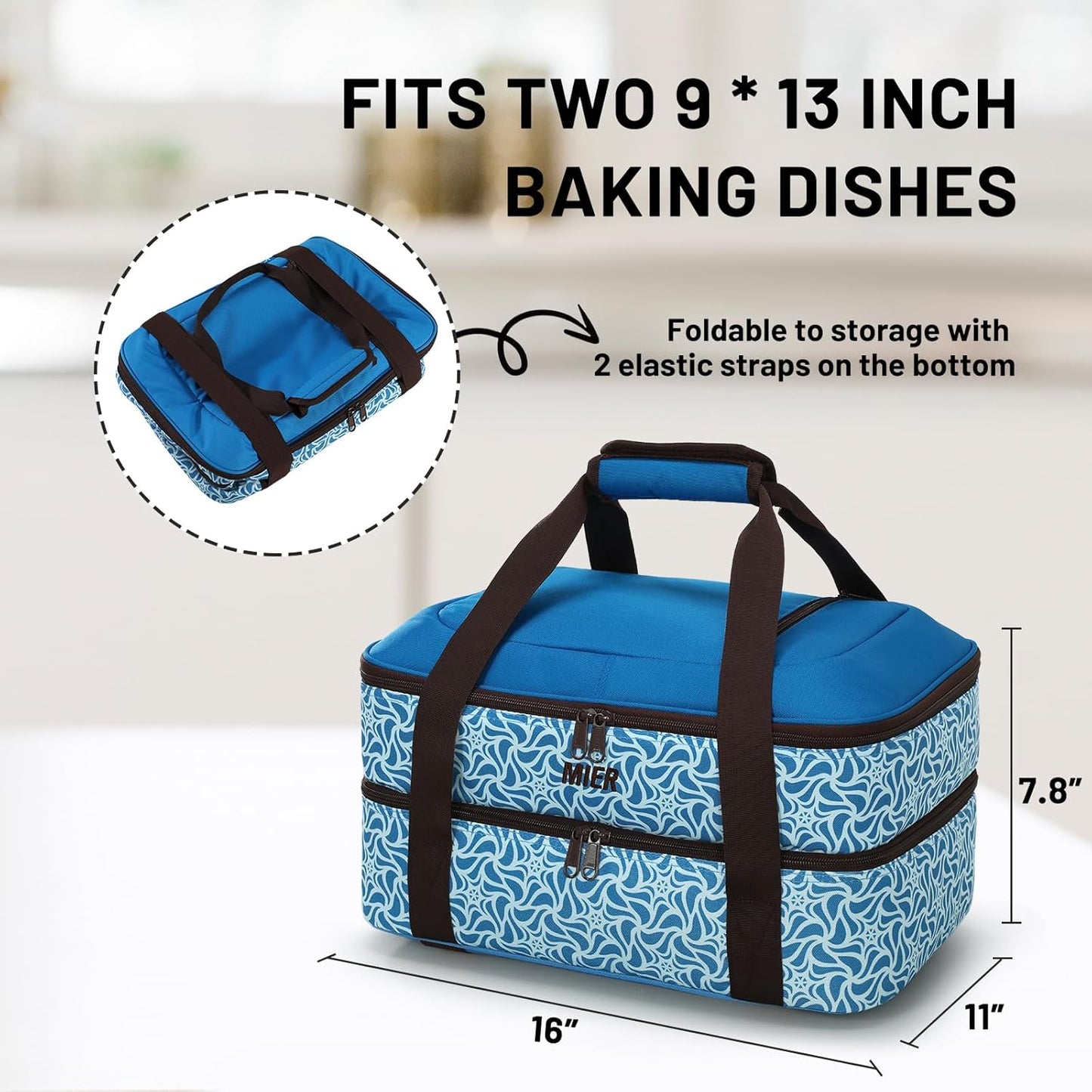 MIER Insulated Casserole Carrier Fits 9"x13" Baking Dishes/Foil Pans, Double Food Carriers Bag Thermal Holder for Hot or Cold Food Lasagna Lugger Potluck Parties Picnic Travel, Blue