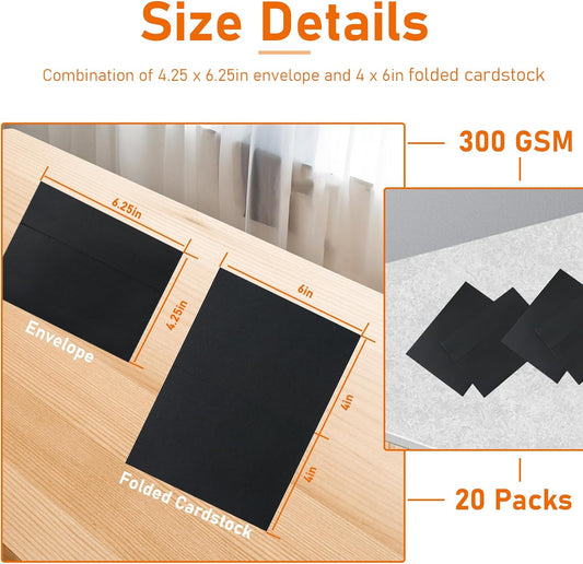 Black Blank Greeting Cards and Envelopes 4 x 6 Printable Heavyweight Folded Cardstock and A4 Envelopes Self Seal 20 packs for Invitations, Wedding, Thank You Cards & All Occasion