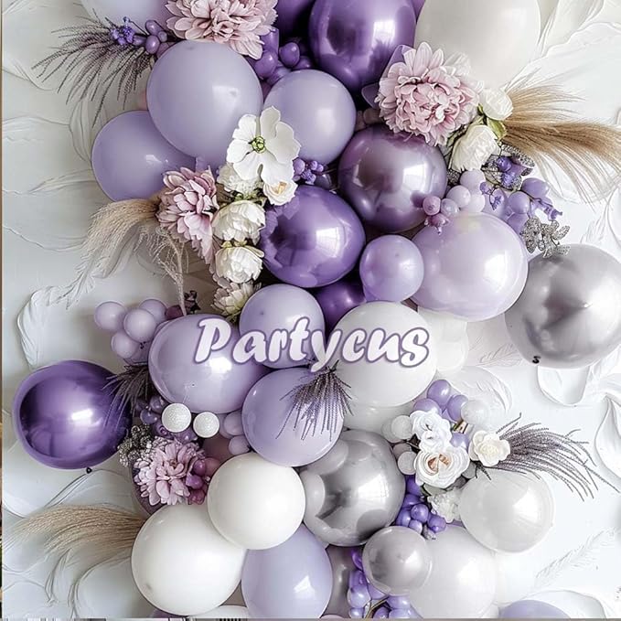 Pastel Purple White Balloon Arch Double Stuffed, Light Lavender Pearl Balloon Garland Kit with Metallic Lilac Silver Color for Bridal Shower Wedding Birthday Graduation Mothers Day Party Decoration