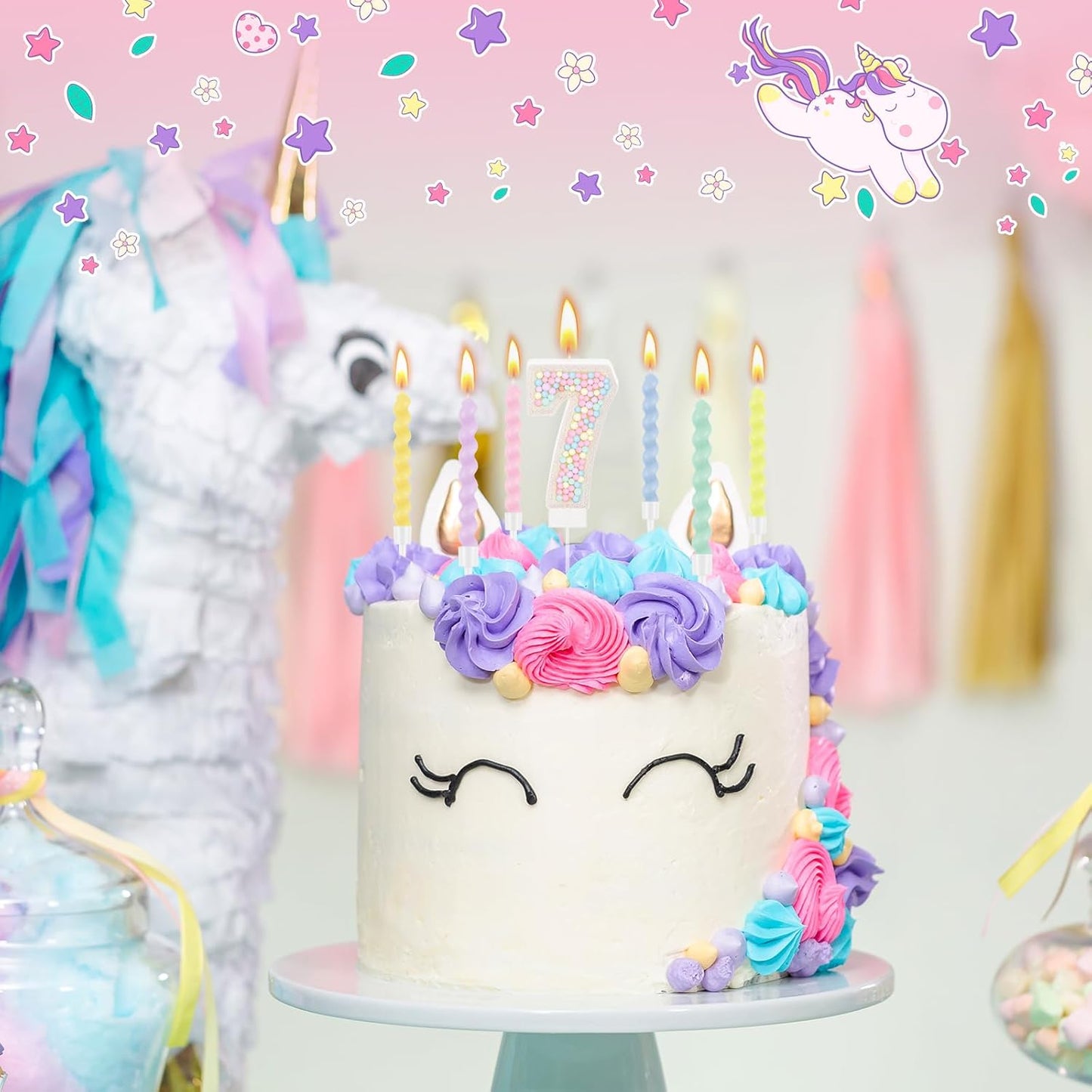 MTLEE Number 7 Birthday Candle with 12 Pcs Spiral Candles for Girls Macaron Pastel Rainbow Unicorn Pink Cake Topper for Sweet Theme Party Decoration